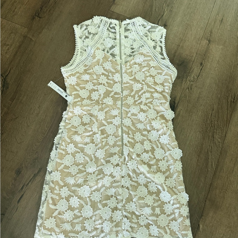 Aqua White Floral Lace Overlay Nude Mini Dress - Picture 4 of 8
